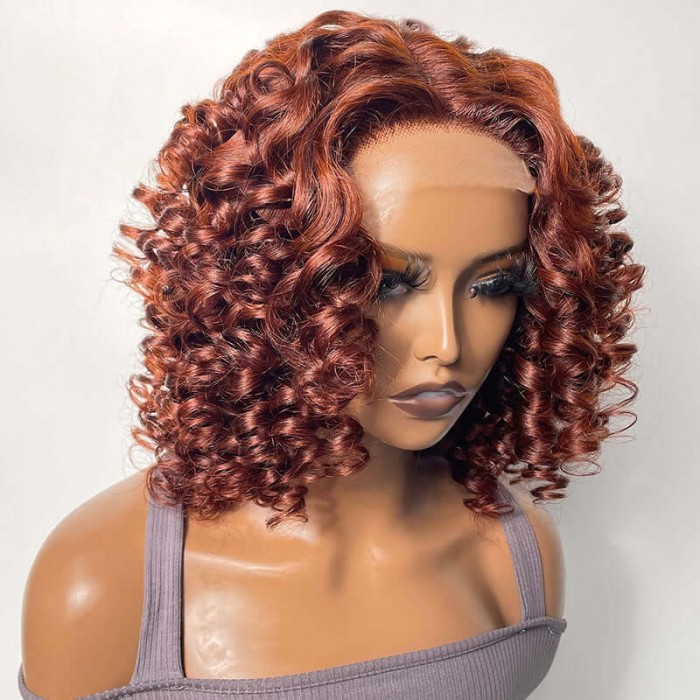 Hurela Reddish Brunette 4x0 75 Middle Part Lace Bob Wig With Ringlets