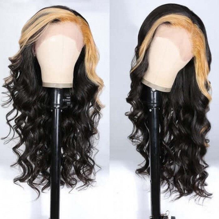 Hurela Honey Blonde Skunk Stripe Loose Wave X Lace Frontal Wig New Trendy Highlights Human