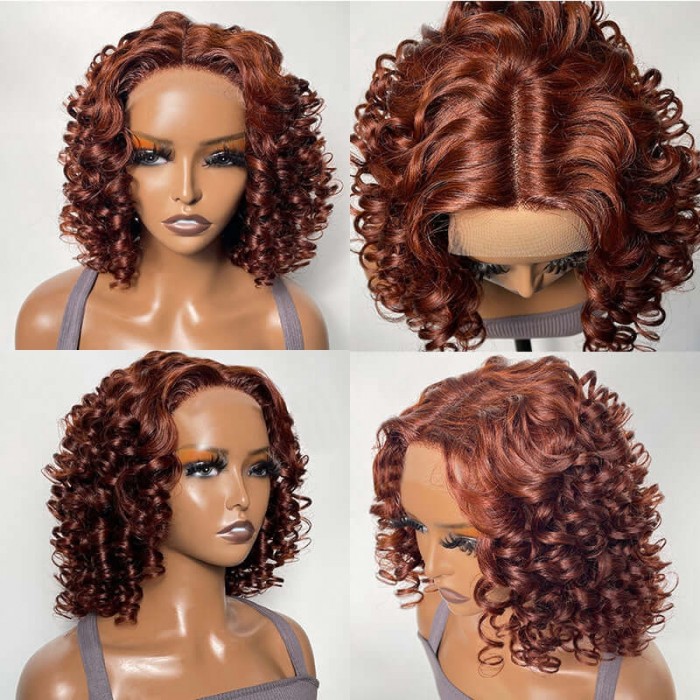 Hurela Reddish Brunette X Middle Part Lace Bob Wig With Ringlets