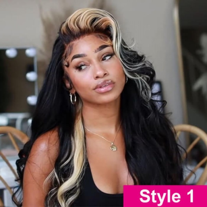 Hurela Honey Blonde Skunk Stripe Loose Wave X Lace Frontal Wig New Trendy Highlights Human