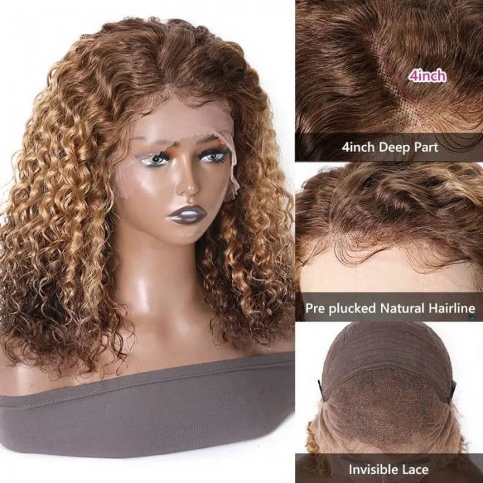 Hurela Honey Blonde Highlight Ombre Water Wave Human Hair Wig Short X Lace Front Wig