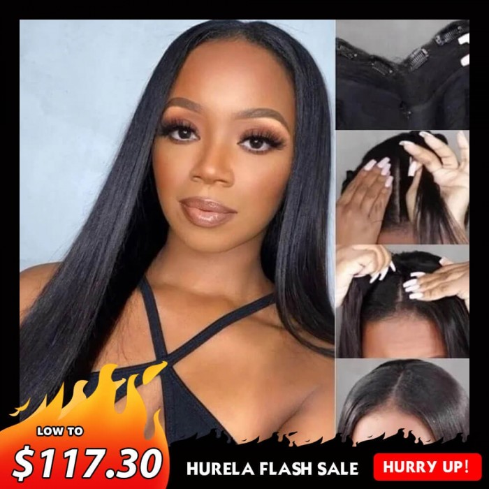 Hurela Straight V Part Wig Natural Color Human Hair Protective Style Wigs With 5 Inch Deep Part Hairline Crazy Flash Sale
