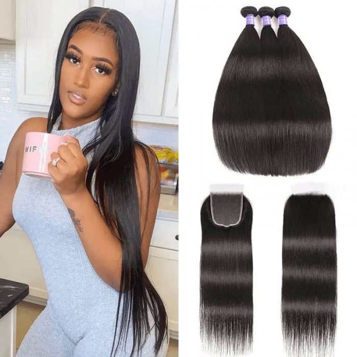 Hurela 3 Bundles Hair Brazilian Straight Hairstyles 5X5 HD Lace Closure Free Part Human Hair Natural Color