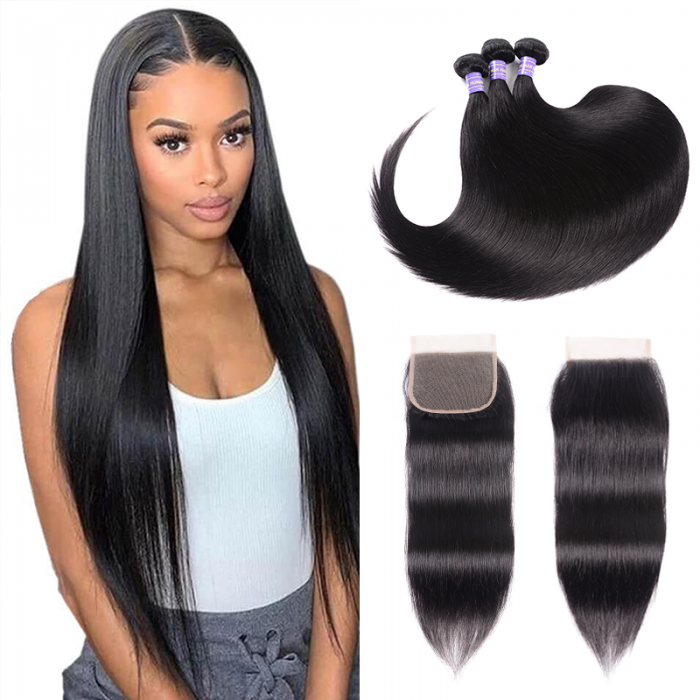 Hurela Cute Hair Peruvian Straight Hairstyles 4X4 Lace Closure Free Part With 3 Bundles Human Hair Natural Color