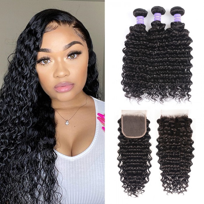 Hurela 7A Brazilian Deep Wave Hair 3 Bundles With 4*4 Lace Closure Free Part Natural Color