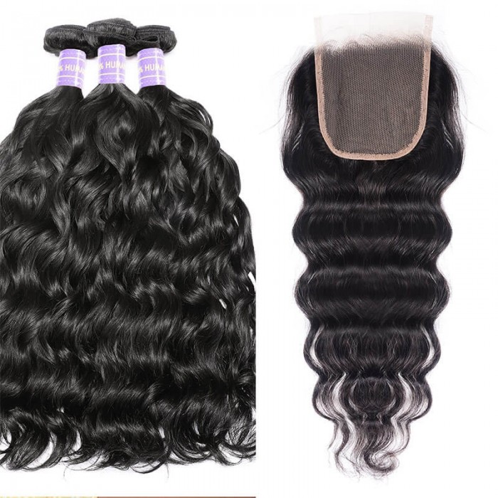 Hurela Hair Malaysian Hair Nautral Wave 3 Bundles With 4x4 Lace Closure