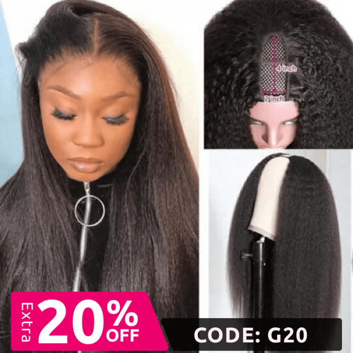 V Part Kinky Straight Human Hair Wigs No Lace No Glueless 150% Density