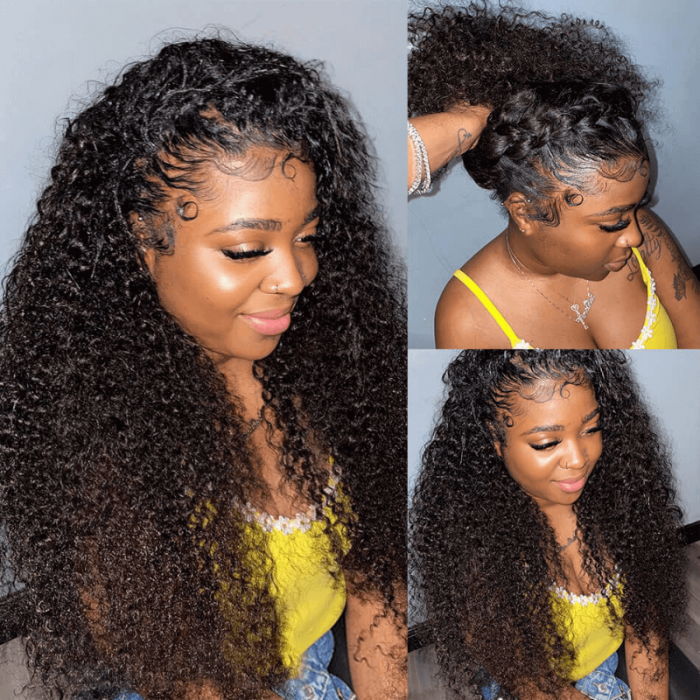 Hurela Cheap Natural Black Kinky Curly 4x4 Lace Closure Air Wigs Human Hair Wigs Pre-plucked