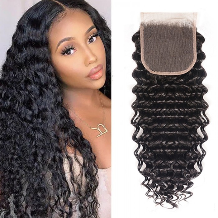 Hurela Deep Wave Human Hair 4x4 Lace Closure Free Part Pre Plucked