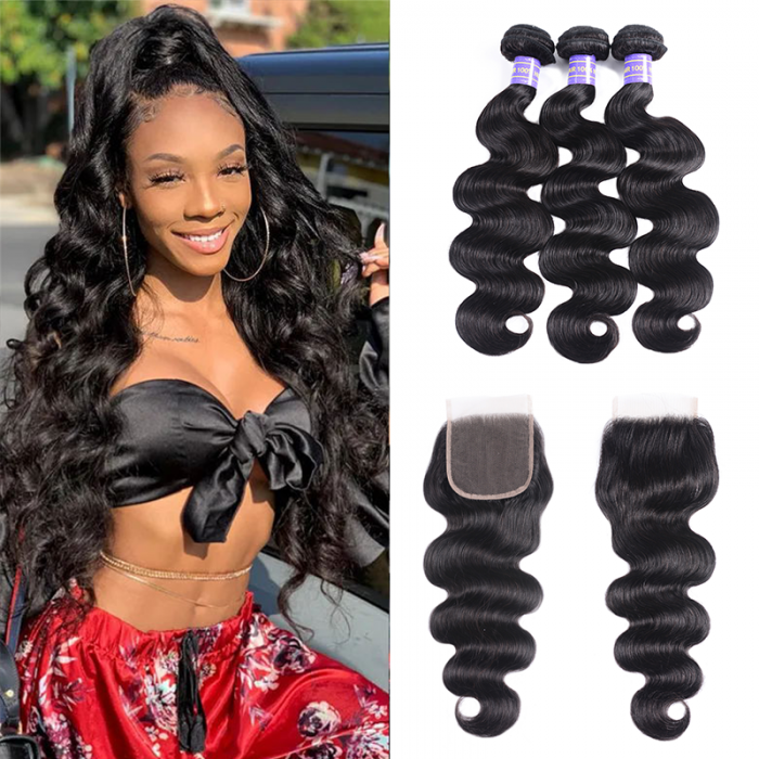 Hurela Hair 3 Bundles Body Wave Human Hair With 4x4 Lace Closure Peruvian Natural Black Hair