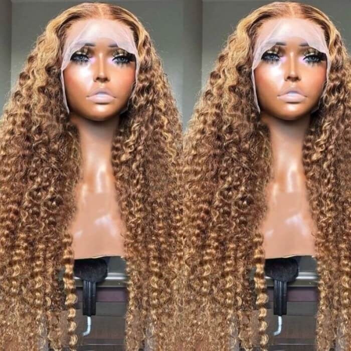 Hurela Affordable Kinky Curly Honey Blonde Highlights Wig Human Hair 13x4 Transparent Lace Frontal Wigs 