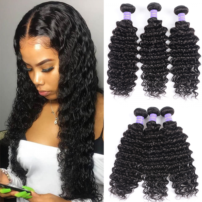 Hurela Peruvian Deep Wave Hair 3 Bundles Double Weft 100% Remy Human Hair Weave