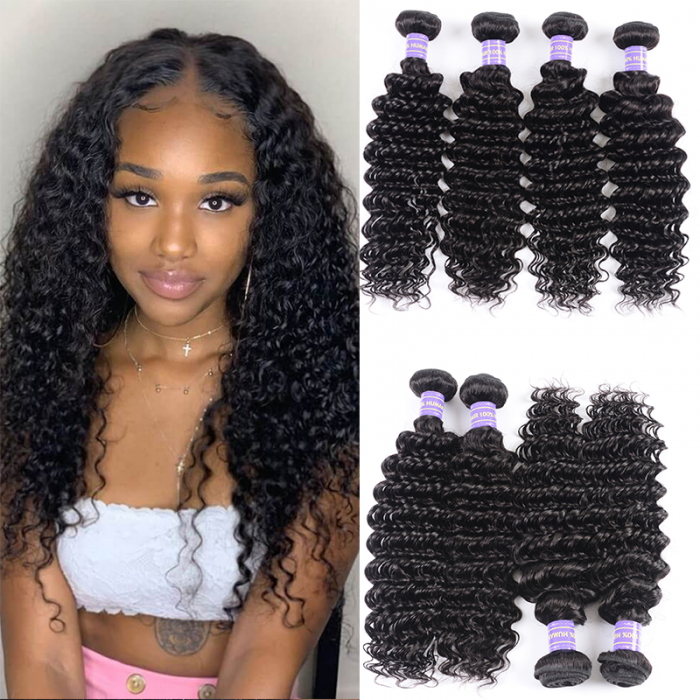 Hurela Peruvian Deep Wave Human Hair Weave 4 Bundles Hair Deals