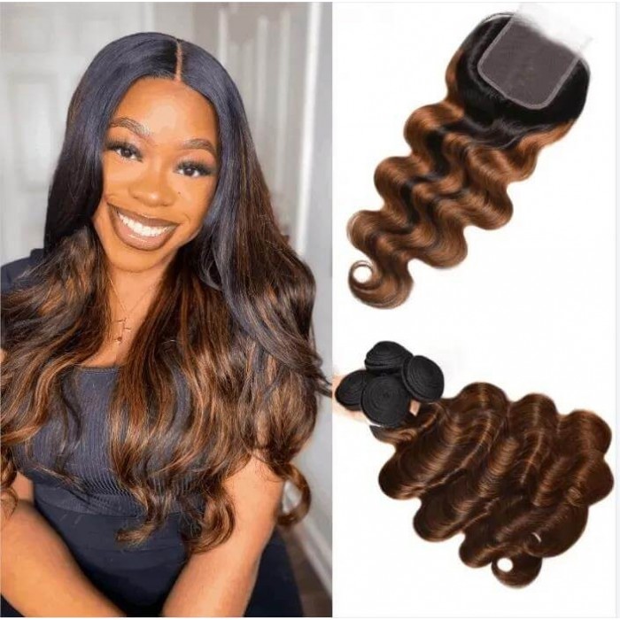 Hurela Undetectable Blended Colors 4x4 Lace Closure With 4 Bundles Body Wave Sew In