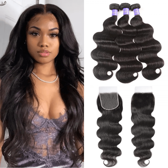 Hurela Invisible 5x5 HD Body Wave Lace part Closure human Hair with 3 Bundles Sew In