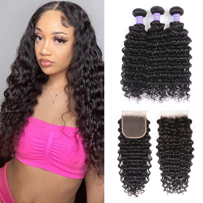 Hurela 7A Peruvian Deep Wave Hair 3 Bundles With 4*4 Lace Closure Free Part Natural Color