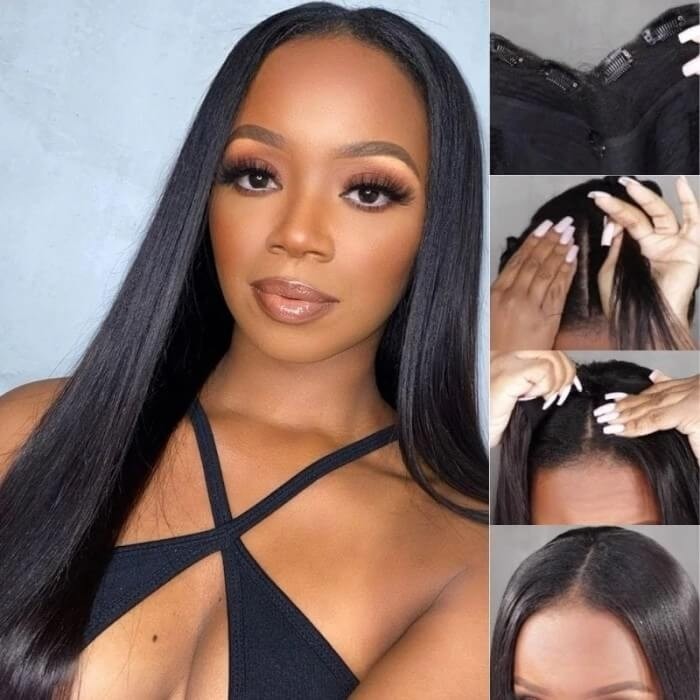 Hurela Straight V Part Wig Natural Color Human Hair Protective Style Wigs With 5 Inch Deep Part Hairline Tiktok Special Sale