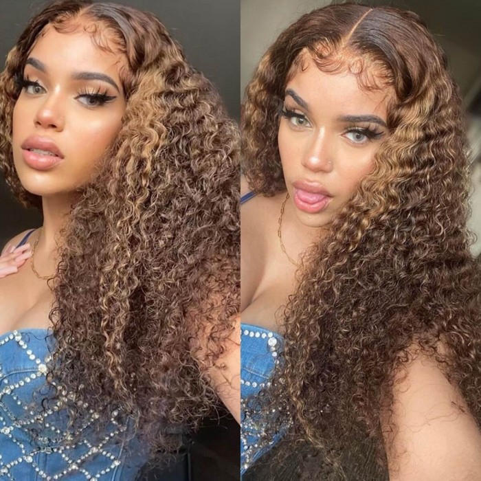 Hurela Highlight Colored Wigs Jerry Curly 13x4 Lace Front Wigs Human Wigs With Baby Hair #TL412 Color 150% Density