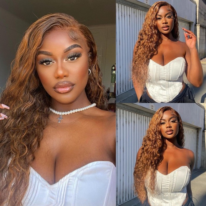 Hurela Piano Brown Highlight Big Curly 13x5 Lace Frontal Wigs Water Wave Wig For Women Friday Sale