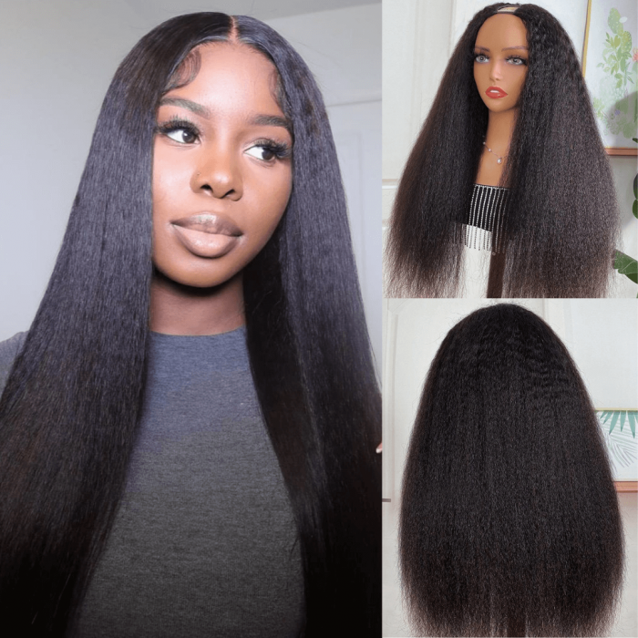 V Part Kinky Straight Human Hair Wigs No Lace No Glueless 150% Density