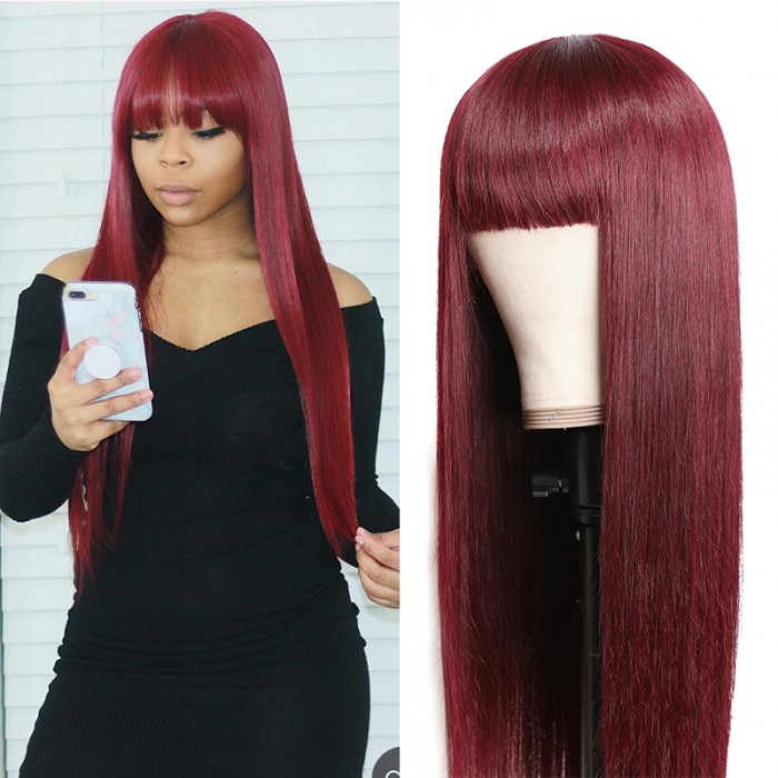 Hurela 99J Color Straight Human Hair Wigs With Bangs Breathable