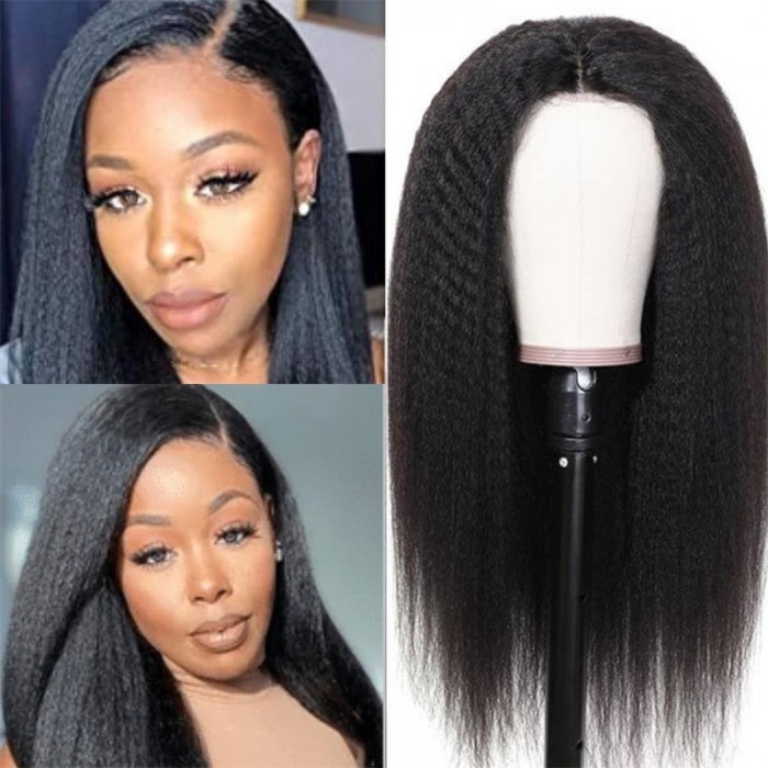 Hurela Cheap Natural Black kinky Straight 4x4 lace closure Wigs Pre-plucked