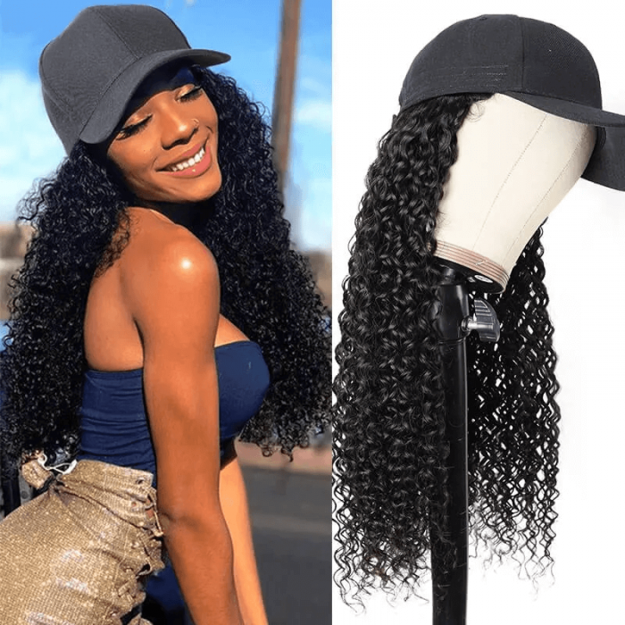 Hurela Baseball Cap Wig Hat Jerry Curly Human Hair Wigs Adjustable Hat
