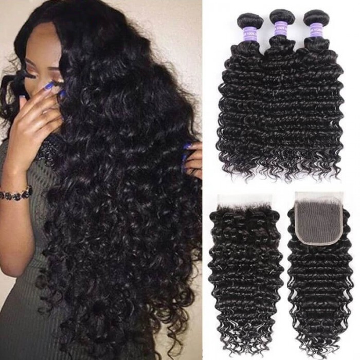 Hurela 3 Bundles With 4x4 Lace Closure Malaysian Deep Wave Hair Free Part Natural Color
