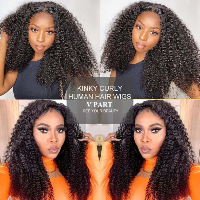 Hurela V Part Glueless Wigs Beginner Friendly Natural Scalp Kinky Curly Human Hair Wig Whatsapp Flash