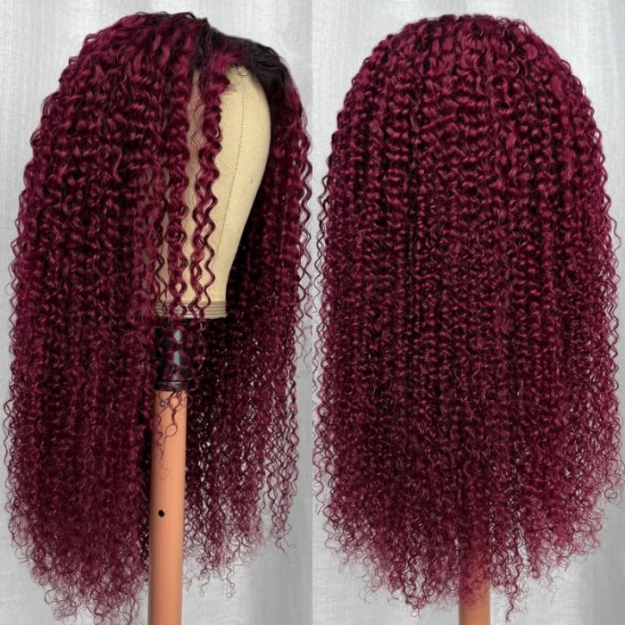 Hurela Glueless Ombre Burgundy Color V Part Wig Human Hair Jerry Curly