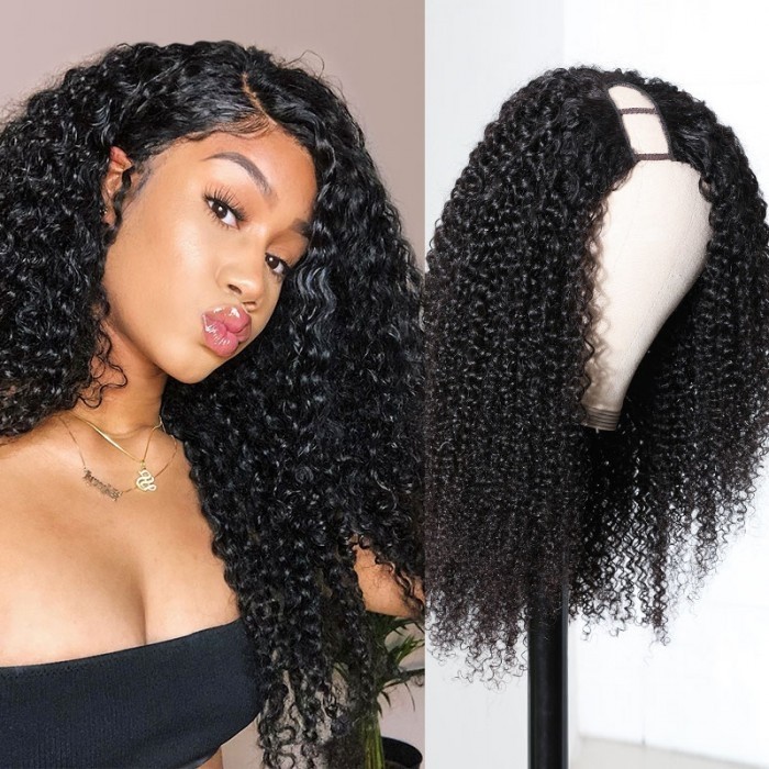 Hurela New Real Hair Kinky Curly V Part Wig With Baby Hair 