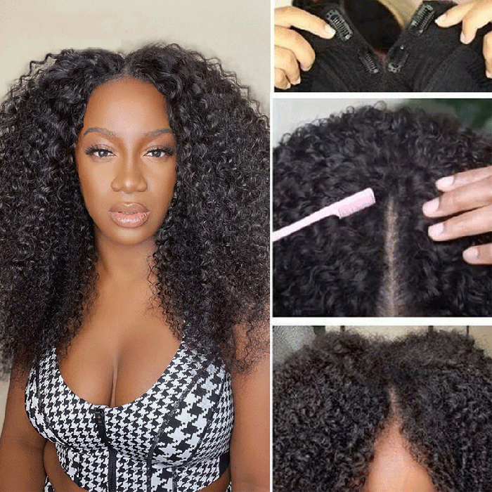 Hurela Curly Afro Wig Glueless V Part Wigs Human Hair Natural Color 150% Density for Beginner No Leave Out
