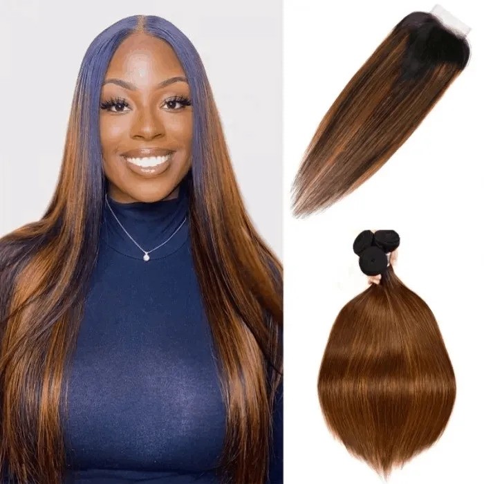 Hurela Ombre Highlights Straight Human Hair 4x4 Lace Closure Virgin Human Hair Weave #FB30