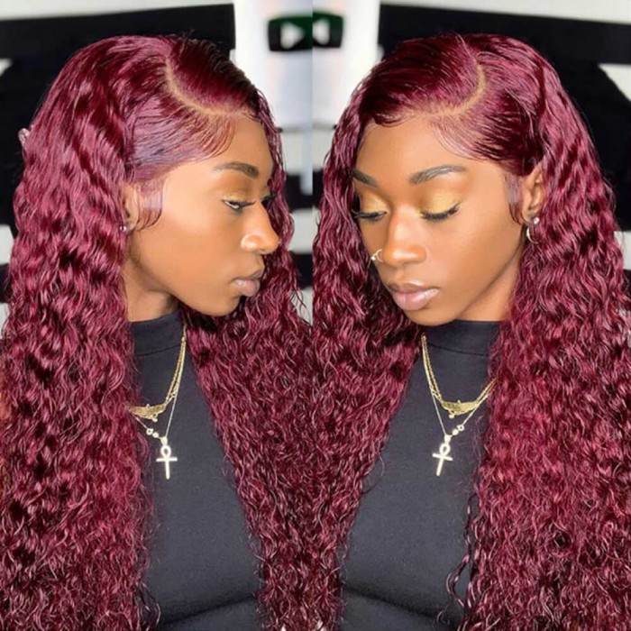 Hurela 4x4 Jerry Curly Lace Part Wig With 99J Burgundy Colored Wig 150% Density