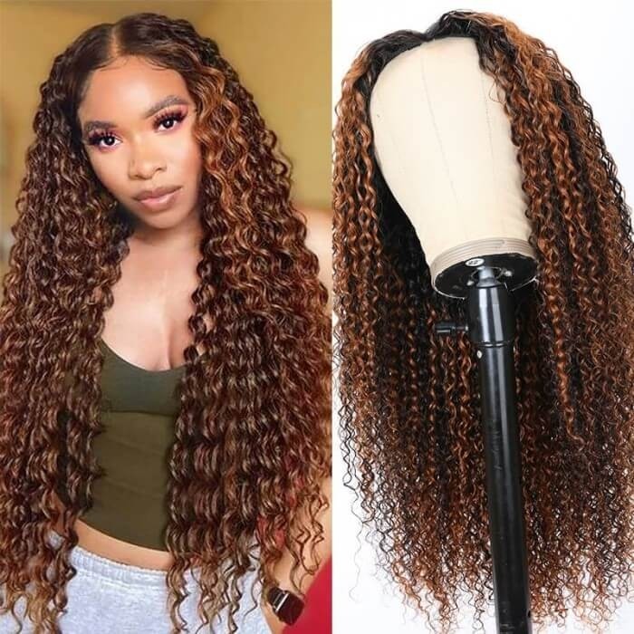 Hurela V Part Wig Jerry Curly Balayage Highlight Color Wigs U Part Human Hair Wigs 150% Density #FB30 Clearance Sale