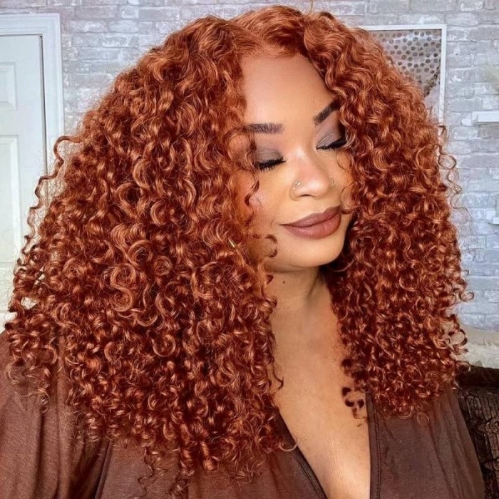 Hurela Auburn 13X5x0.5 Jerry Curly Middle Lace Part Human Hair Wig 150% Density
