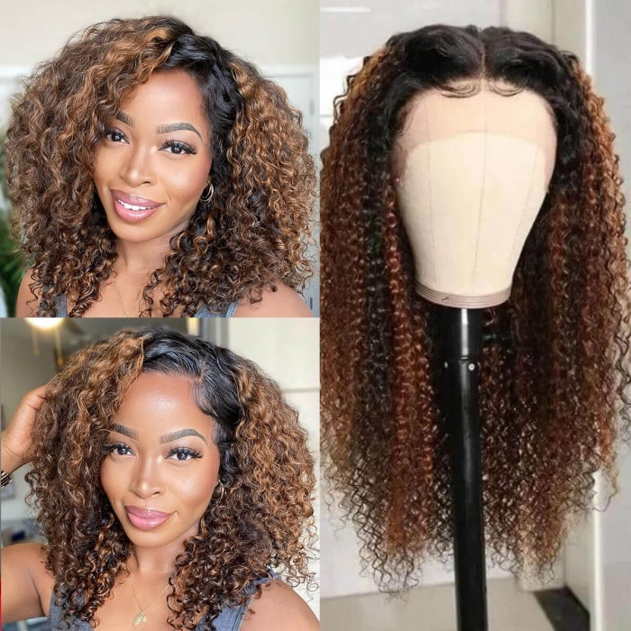 Hurela Balayage Highlight Curly V Part Wigs Effortless To Put On Dark Roots Human Hair Wig Color #FB30