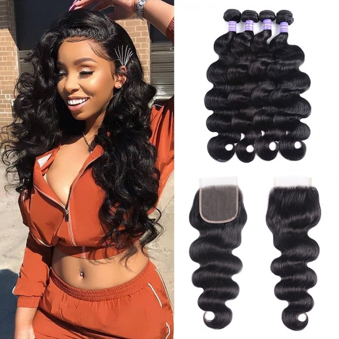 Hurela Hair 4 Bundles Body Wave Hair With Lace Closure