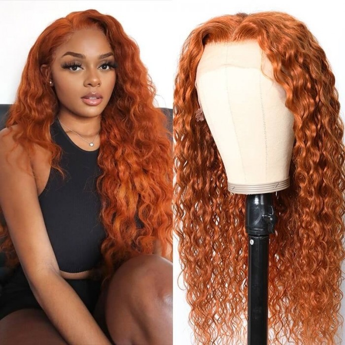 Hurela Burnt Orange Water Wave T Part Lace Human Hair Wigs Wet And Wavy Ginger Wig 150% Density Bogo Free