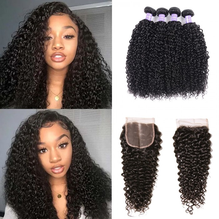 Hurela Hair Free Part 4x4 Lace Closure With Jerry Curly 4Bundles Brazilian Human Hair Natural Color