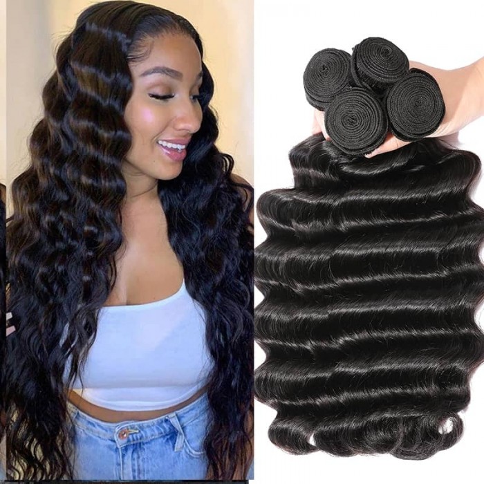 Hurela Deep Wave Hair 4PCS Brazilian Hair Bundles Loose Human Hair