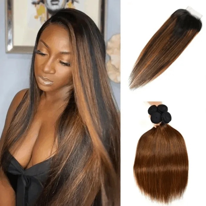 Hurela Ombre Highlights Straight Human Hair 4x4 Lace Closure Virgin Human Hair Weave #FB30 
