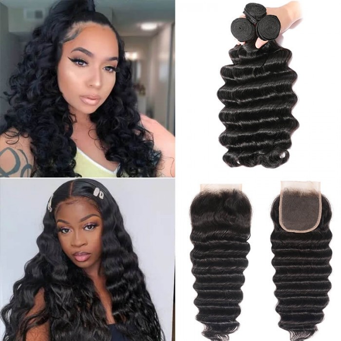 Hurela 3 Bundles With 4x4 Lace Closure Malaysian Loose Deep Wave Hair Free Part Natural Color