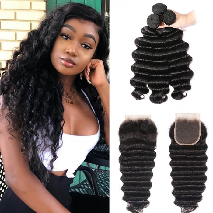 Hurela 3 Bundles With 4x4 Lace Closure Brazilian Loose Deep Wave Hair Free Part Natural Color