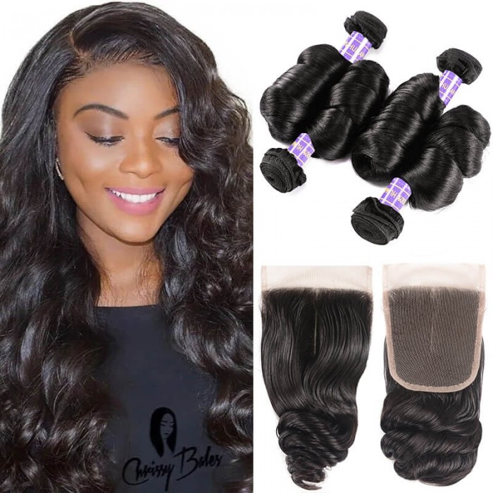 Hurela 4 Bundles With 4x4 Lace Closure Brazilian Loose Wave Hair Free Part Natural Color