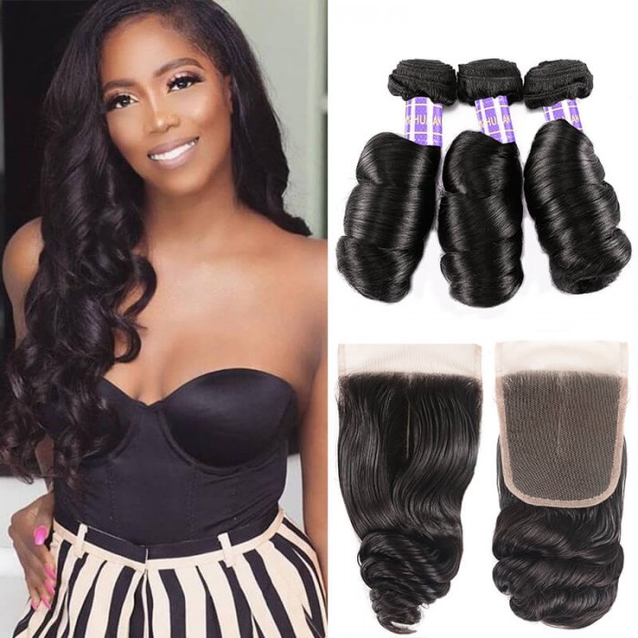 Hurela 3 Bundles With 4x4 Lace Closure Peruvian Loose Wave Hair Free Part Natural Color