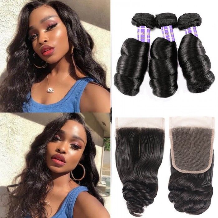 Hurela 3 Bundles With 4x4 Lace Closure Malysian Loose Wave Hair Natural Color Free Part