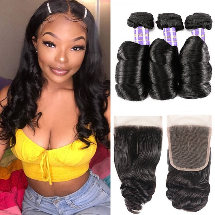 Hurela 3 Bundles With 4x4 Lace Closure Brazilian Loose Wave Hair Natural Color