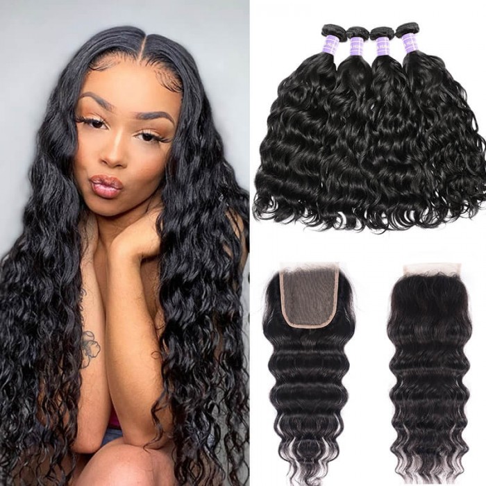Hurela Hair 100% Human Virgin Hair Natural Wave Hair 4 Bundles With 4x4 Lace Closure