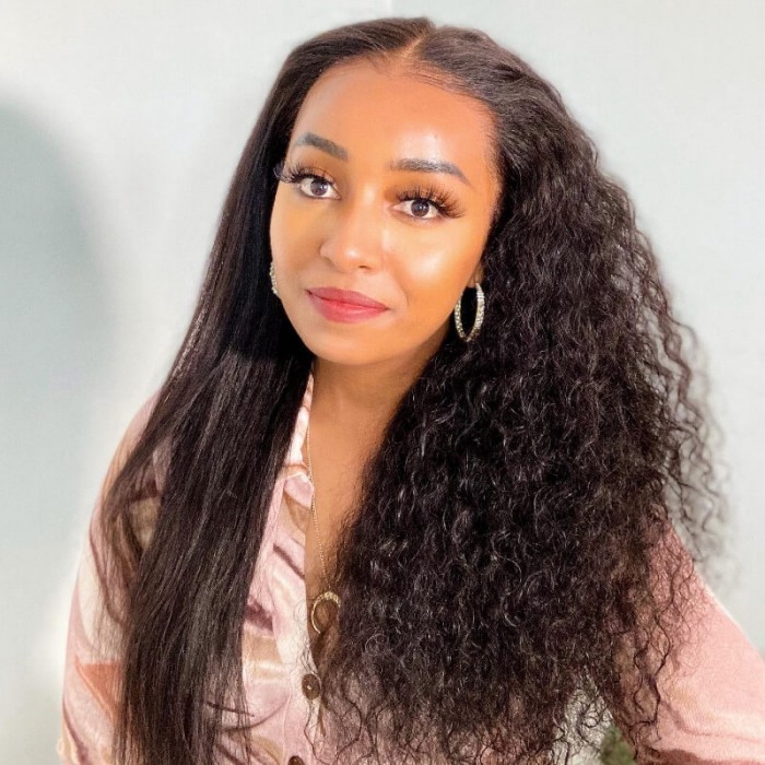 Hurela Quickly Change Dry Straight Or Wet Curly V Part Wig Wet And Wavy Hair Black Wigs 150% Density 